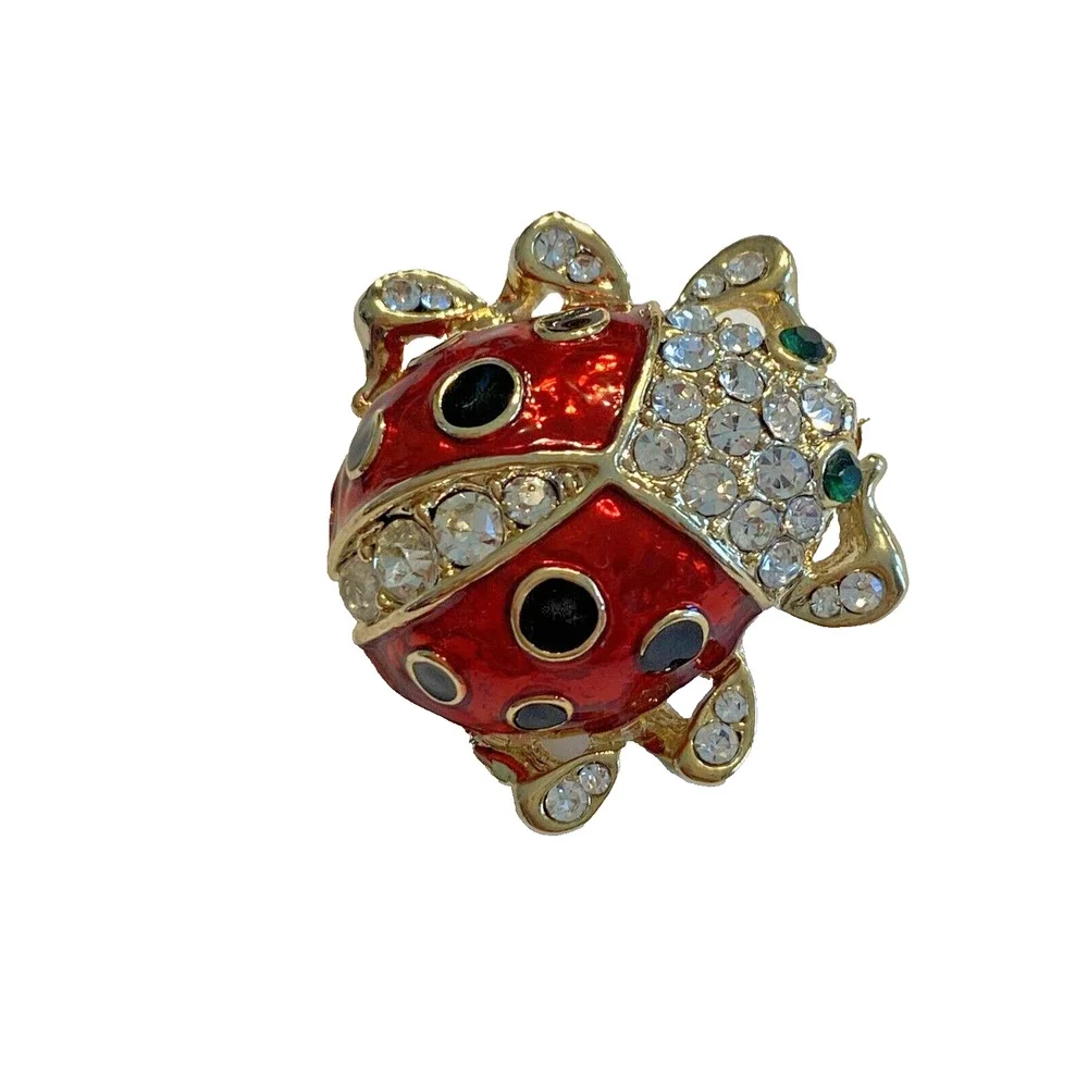 Vintage Ladybug Brooch Red & Black Enamel on Goldtone White & Green Rhinestones